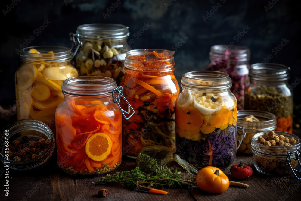 Homemade canned vegetables in glass jars, preparation of pickled products for the winter, AI Generated Homemade canned vegetables in glass jars, preparation of pickled products for the winter, AI Generated