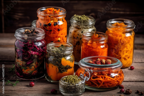 Homemade canned vegetables in glass jars  preparation of pickled products for the winter  AI Generated