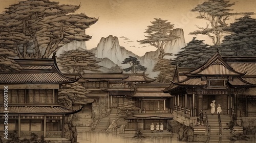 Japanese traditional Ukiyo-e Abstract Elegant Modern AI-generated illustration of a rural lord s mansion in the mountains  Asia