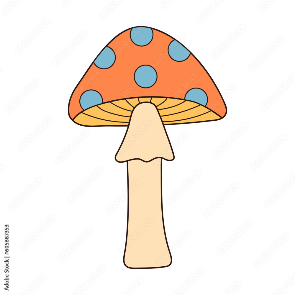 Hippie groovy mushroom. Retro psychedelic cartoon element. Vector illustration isolated on white background. Hippie groovy mushroom. Retro psychedelic cartoon element. Vector illustration isolated on white background.
