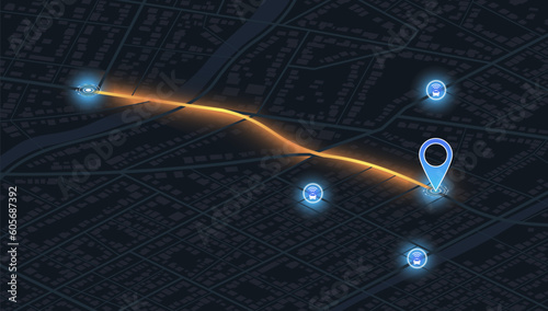 Gps map navigation to own house with smartphone app. Location mark and automobile sign. Passenger location sharing for driver. Quarter residential buildings. Isometric, Vector, illustration