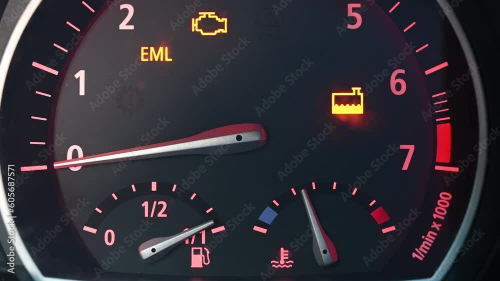 Dashboard lights in car. Yellow warning lights in vehicle. Problems