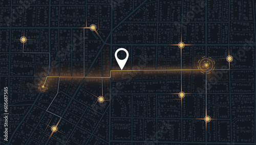 Navigate mapping technology dashboard GPS tracking map, showing movement on the streets of the city. Decorative graphic tourist map. Abstract transportation background. Vector illustration