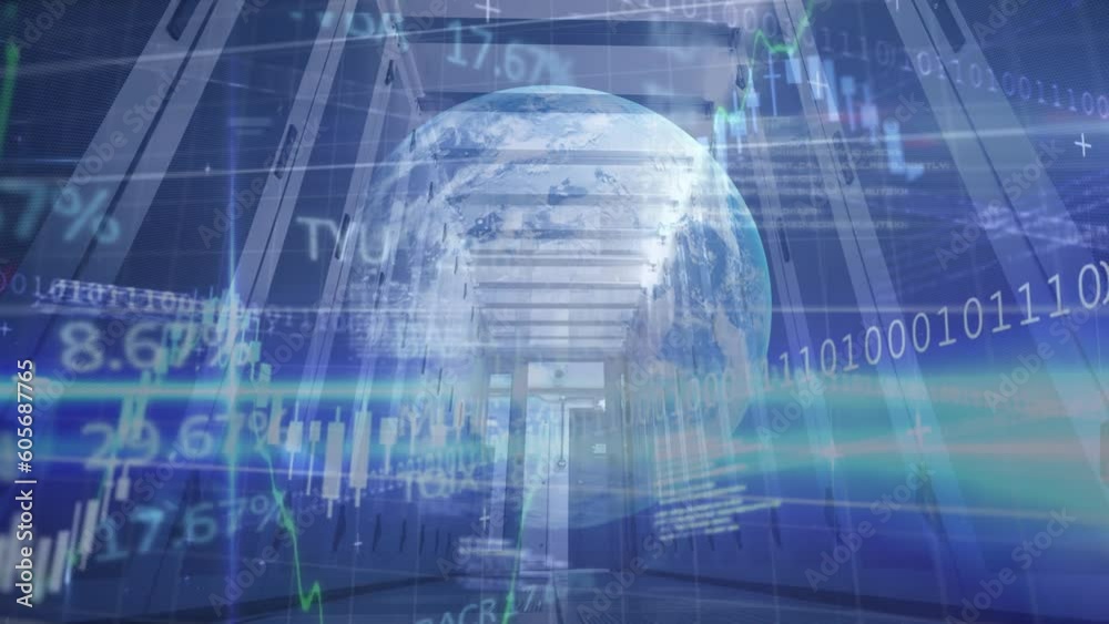 Animation of data processing and globe over server room