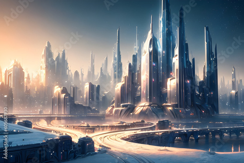 a masterpiece! beautiful! magical! shining! beautiful futuristic city of the future 2100, Winter landscape. artstation,matte,clear focus, 8k, Generative AI, Generative, AI