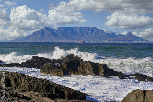 View of Table Mountain from Blue Mountain Beach, Cape Town, South Africa photo