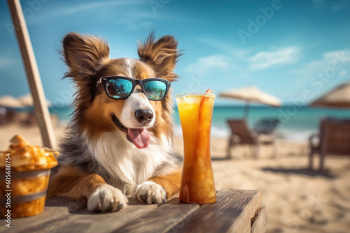 A dog with sunglasses is enjoying the beach. Ai generated illustration. © pozitivo