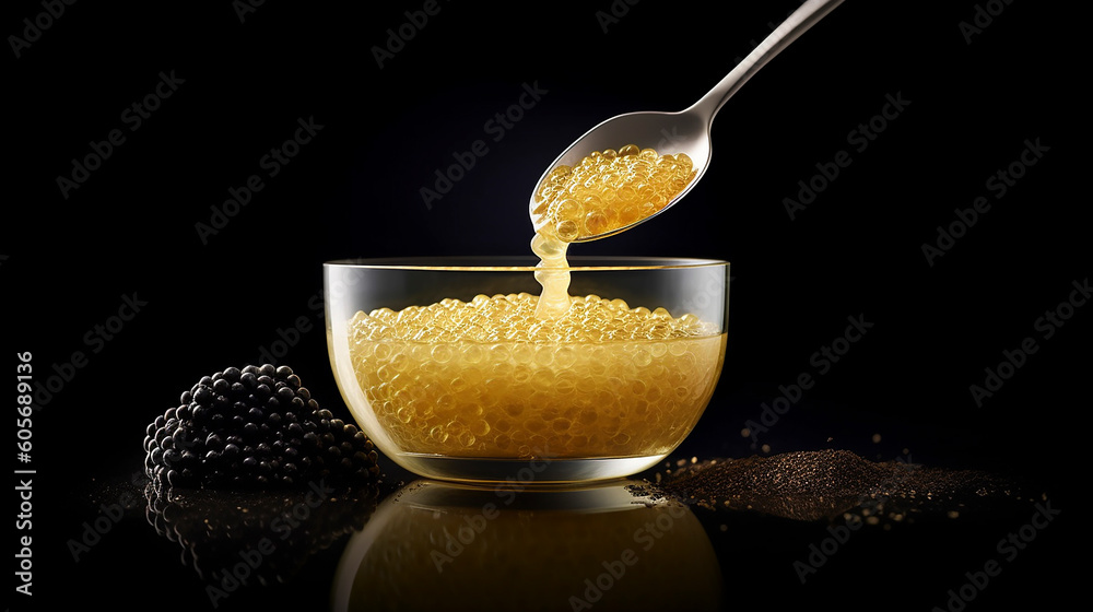Generative AI image of a spoon scooping some caviar from a small bowl