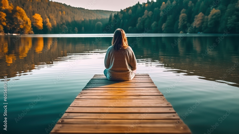 Serenity by the Lake: Capturing the Essence of a Woman Meditating in Natur, generative ai