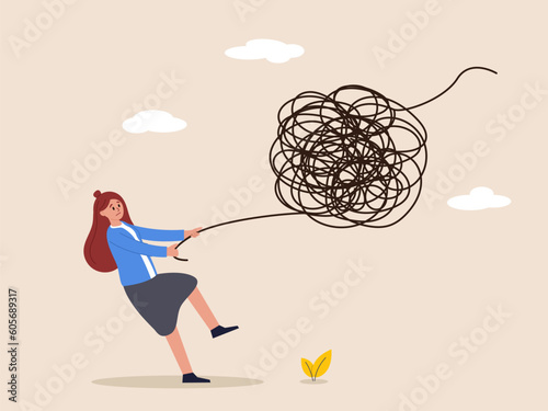 Confusion or business trouble concept. Unravel tangle problem, solving difficult knot chaos or messy issue, complicated or complex problem difficulty, businesswoman manager unravel tangled rope.