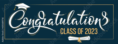 Congratulations Class of 2023 greeting sign on dark background. Academic cap and diploma. Congratulating banner. Handwritten brush lettering. Isolated vector text for graduation design  greeting card