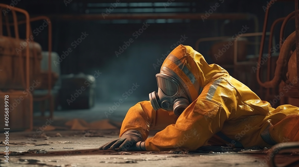Chemicals worker in hazmat suit and gas mask lying down, safety work ...