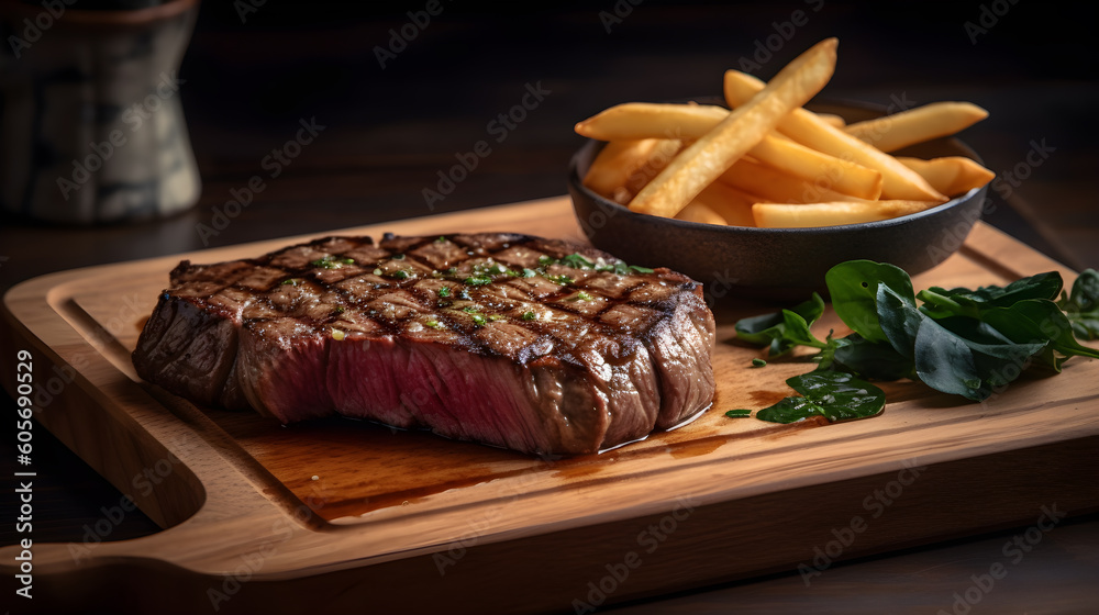 roast beef steak with french fries on wooden table generative ai roast beef steak with french fries on wooden table generative ai