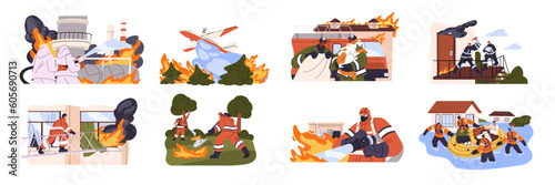 Firefighters fighting with blaze, burning house, wildfire. Firemen work with equipment, gear. Emergency workers in uniform, rescue people. Flat graphic vector illustration isolated on white background