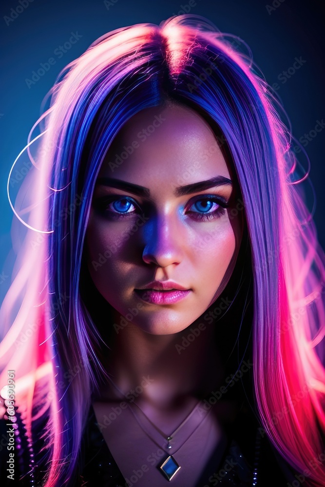 Portrait of young pretty girl with neon lighting. Virtual reality concept created using Generative AI technology Portrait of young pretty girl with neon lighting. Virtual reality concept created using Generative AI technology