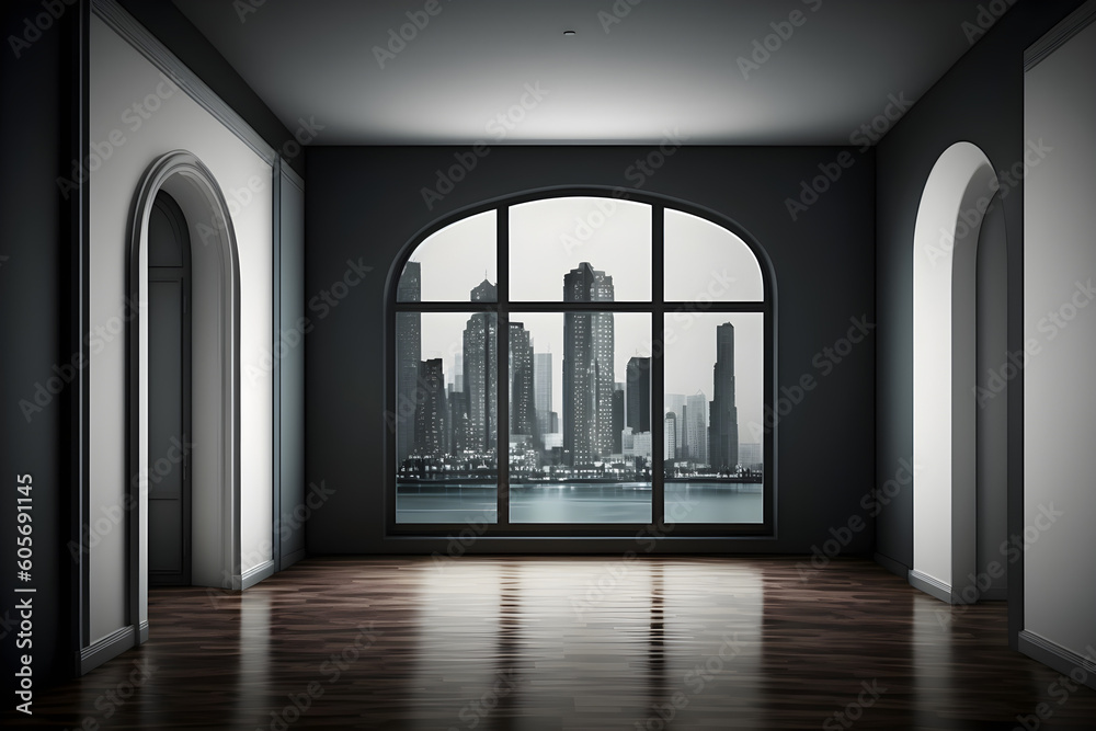 Empty room of business or residence with city background Empty room of business or residence with city background