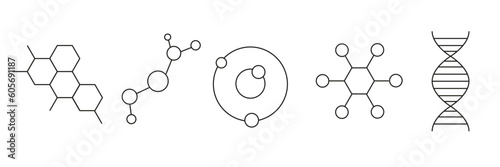 Flat line molecule icon set. Chemical science, molecular structure, chemistry lab DNA cell protein vector illustration.