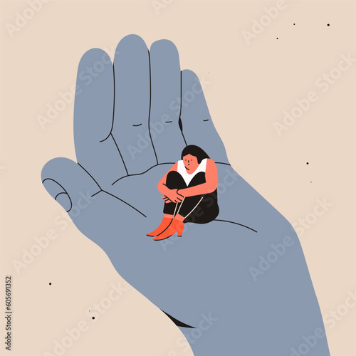 Sad, upset young lady sitting on a big hand. Giant hand holding tiny woman. Psychological help, mental issues, medical help, support, healthy lifestyle concept. Hand drawn Vector illustration