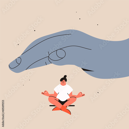 Big hand covering girl sitting in lotus position. Giant hand over tiny young lady. Insurance and healthcare, assurance, client care, customer support, calmness concept. Hand drawn Vector illustration