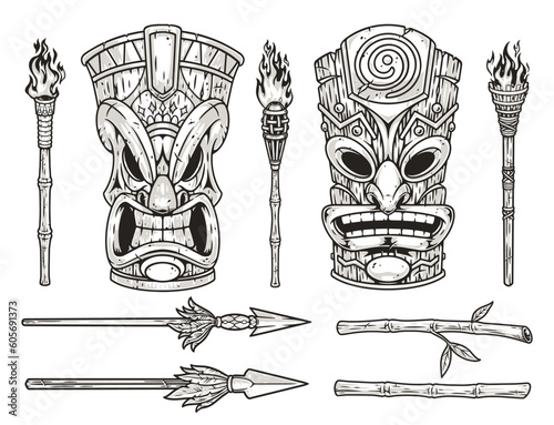 Polynesian masks set sticker monochrome