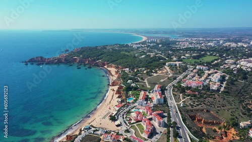 Tourist Portuguese city of Portimao aerial view on a sunny day. South Portugal Algarve. views of the beaches vao and alemao. photo