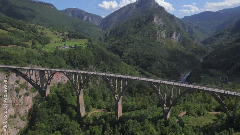 Aerial panoramic drone view of iconic Djurdjevica Tara concrete arch bridge over the river Tara, Montenegro Aerial panoramic drone view of iconic Djurdjevica Tara concrete arch bridge over the river Tara, Montenegro