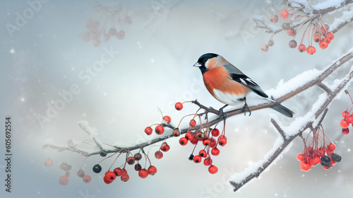 Cute bullfinch bird sits on twig with red rowan berries, Christmas greeting card, AI generative illustration, copy-space