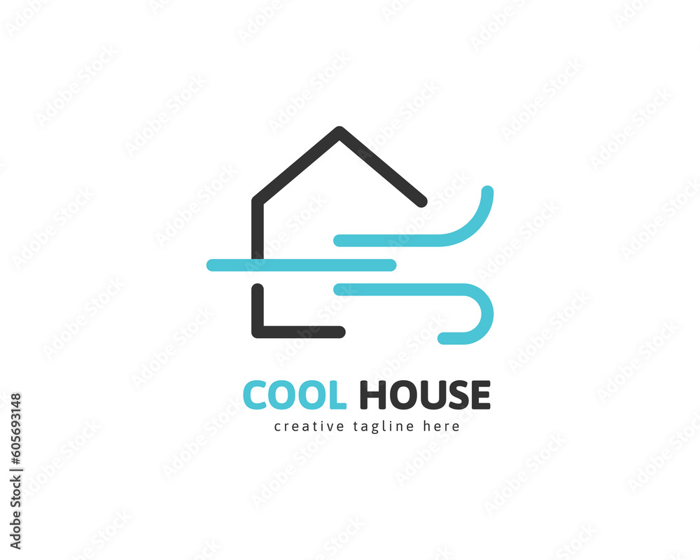 Cool house logo with air wind illustration. Fresh air circulation concept Cool house logo with air wind illustration. Fresh air circulation concept