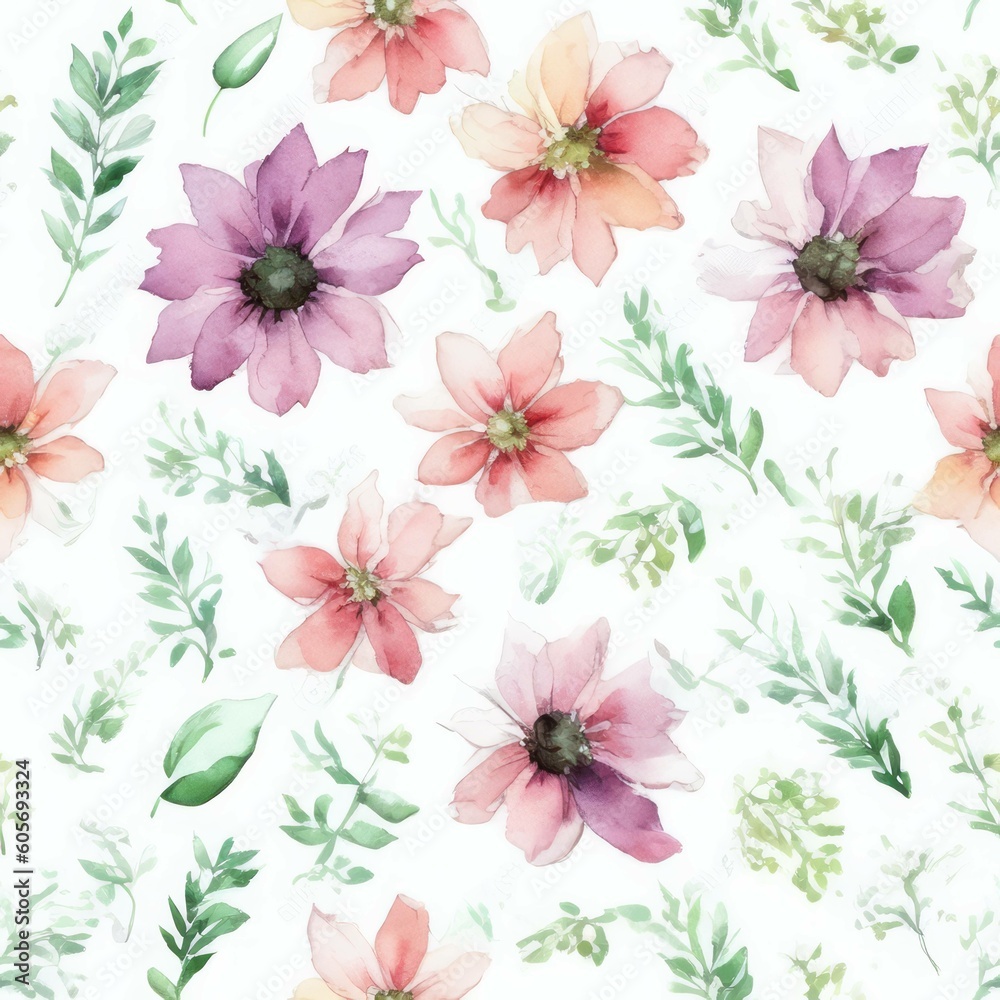 Vintage Pink Flowers on White Background Seamless Repeating Tile Floral Pattern Watercolor-Style Illustration [Generative AI]