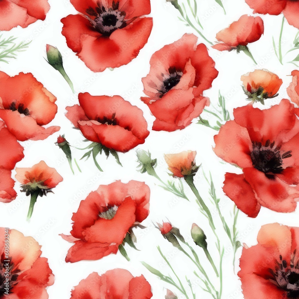 Obraz premium Red Poppy Flowers on White Background Seamless Repeating Tile Poppies Floral Pattern Watercolor-Style Illustration [Generative AI]