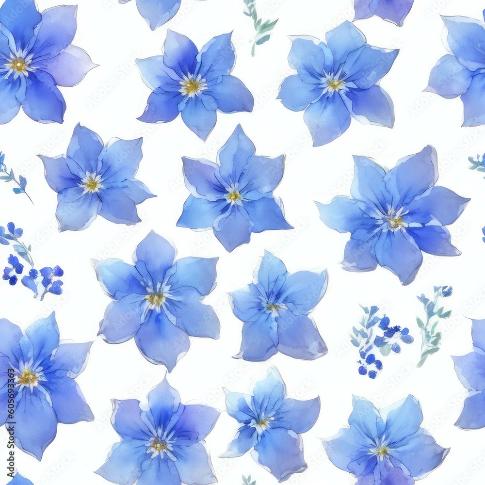 Blue Clematis Flowers on White Background Seamless Repeating Tile Floral Pattern Watercolor-Style Illustration [Generative AI]