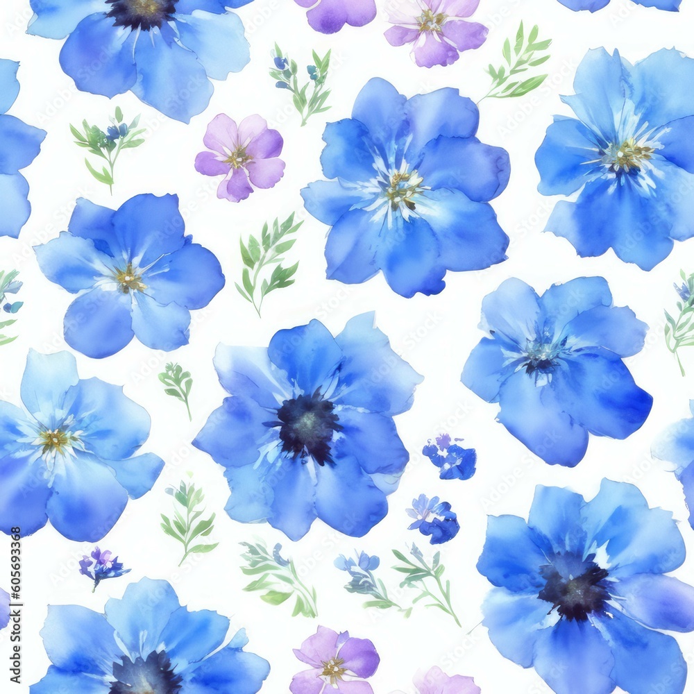Blue Clematis Flowers with Purple Geranium on White Background Seamless Repeating Tile Floral Pattern Watercolor-Style Illustration [Generative AI]