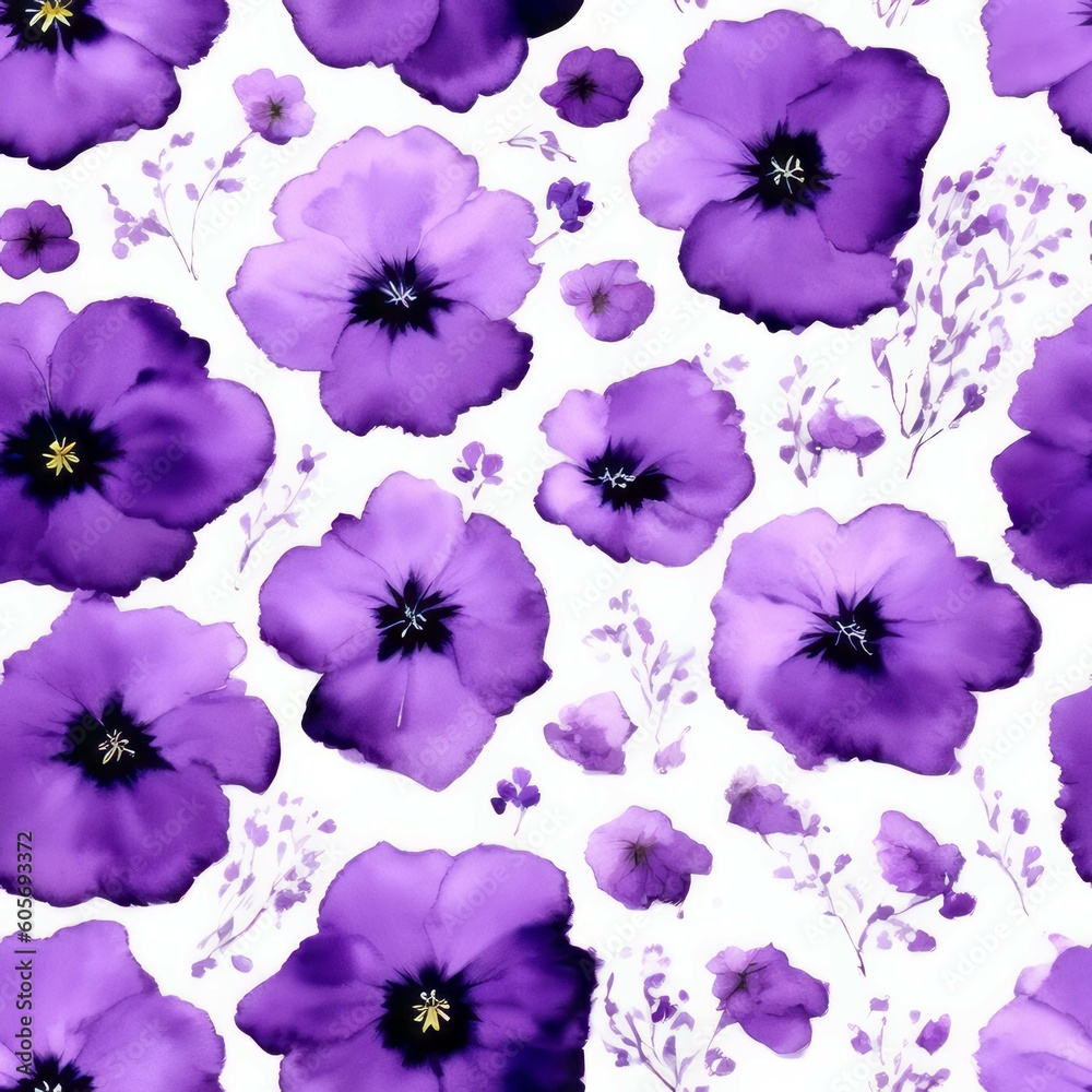 Purple Poppies Texture Seamless Repeating Tile Floral Pattern Watercolor-Style Illustration [Generative AI]