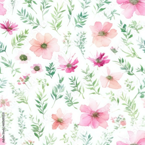 Pressed Pink Flowers and Greenery on White Backdrop Seamless Repeating Tile Floral Pattern Watercolor-Style Illustration [Generative AI] © Visionarily