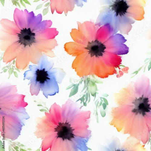 Rainbow Ombre Flowers Seamless Repeating Tile Floral Pattern Watercolor-Style Illustration [Generative AI]