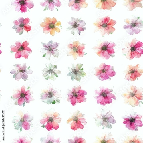 Pressed Multicolor Flowers in Grid pattern Seamless Repeating Tile Floral Pattern Watercolor-Style Illustration [Generative AI]