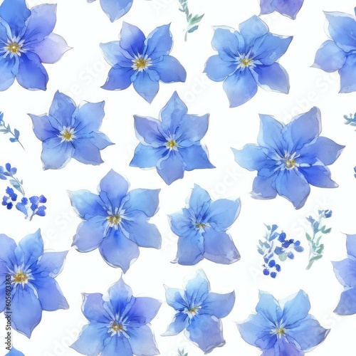 Blue Clematis Flowers on White Background Seamless Repeating Tile Floral Pattern Watercolor-Style Illustration  Generative AI 