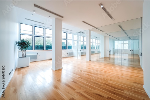 New office interior. Wooden floors glass meeting room with lots of light. Modern bright minimalistic office corporate building. Generative AI