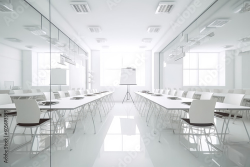White empty meeting and presentation room with big table and chairs. Presentation and training in business office. Generative AI
