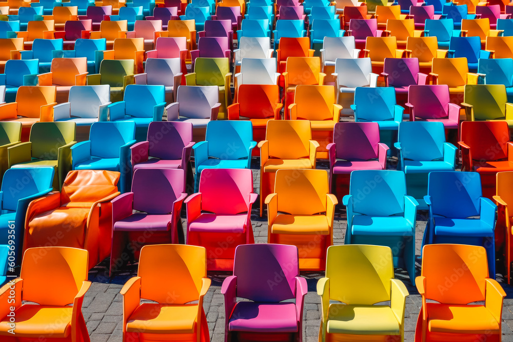 Naklejka premium Rows of colorful chairs. Many colorful chairs pattern. Generative AI