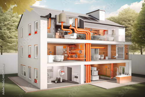 Newly developed house heat recovery system installation. Modern mechanical heat recovery unit system for mechanical ventilation system. Generative AI photo