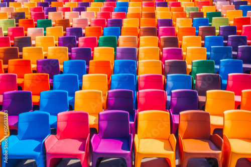 Rows of colorful chairs. Many colorful chairs pattern. Generative AI