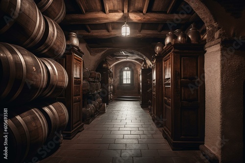 Barrel-filled wine cellars in Rakvice, Czech Republic. Generative AI