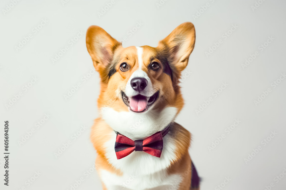 Adorable welsh corgi breed dog wearing a bow tie in front.

