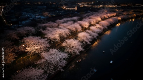 空から眺める川辺の夜桜 © Seikun