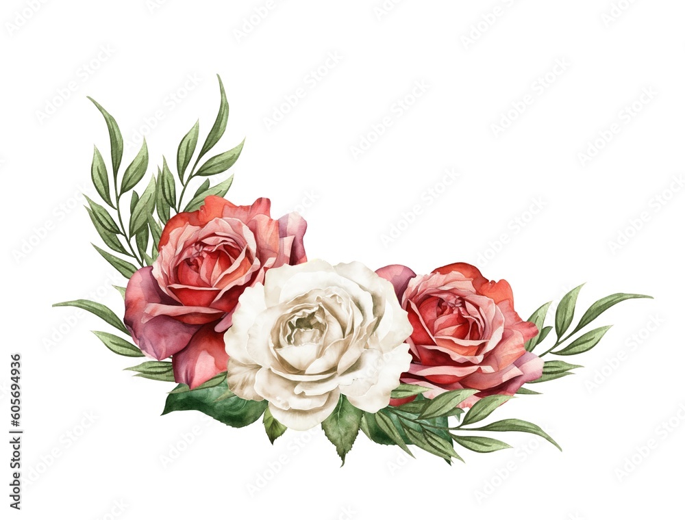 Watercolor floral arrangement. Farmhouse ructick wedding. Red and white rose bouquet