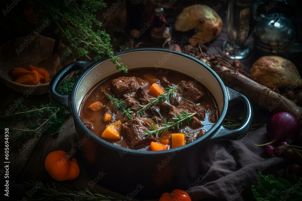 Hungarian braised venison stew with vegetables and herbs in a savory sauce, served in a designer Dutch oven. Generative AI - obrazy, fototapety, plakaty 