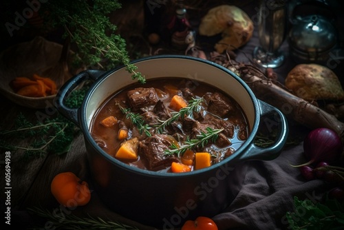 Hungarian braised venison stew with vegetables and herbs in a savory sauce, served in a designer Dutch oven. Generative AI photo