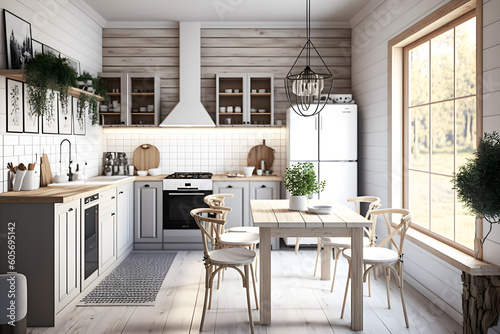 Scandinavian contemporary style kitchen with eating area and simplistic rustic wood accents. 3d rendering 