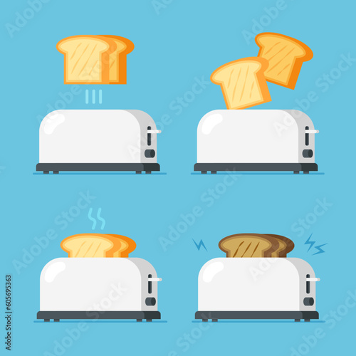 Set of toaster ovens. Toasts popping out of toaster, burnt black toast. Kitchenware icon. Bread. Vector illustration in trendy flat style isolated.